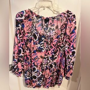 Pink, blue and brown floral long sleeve blouse.